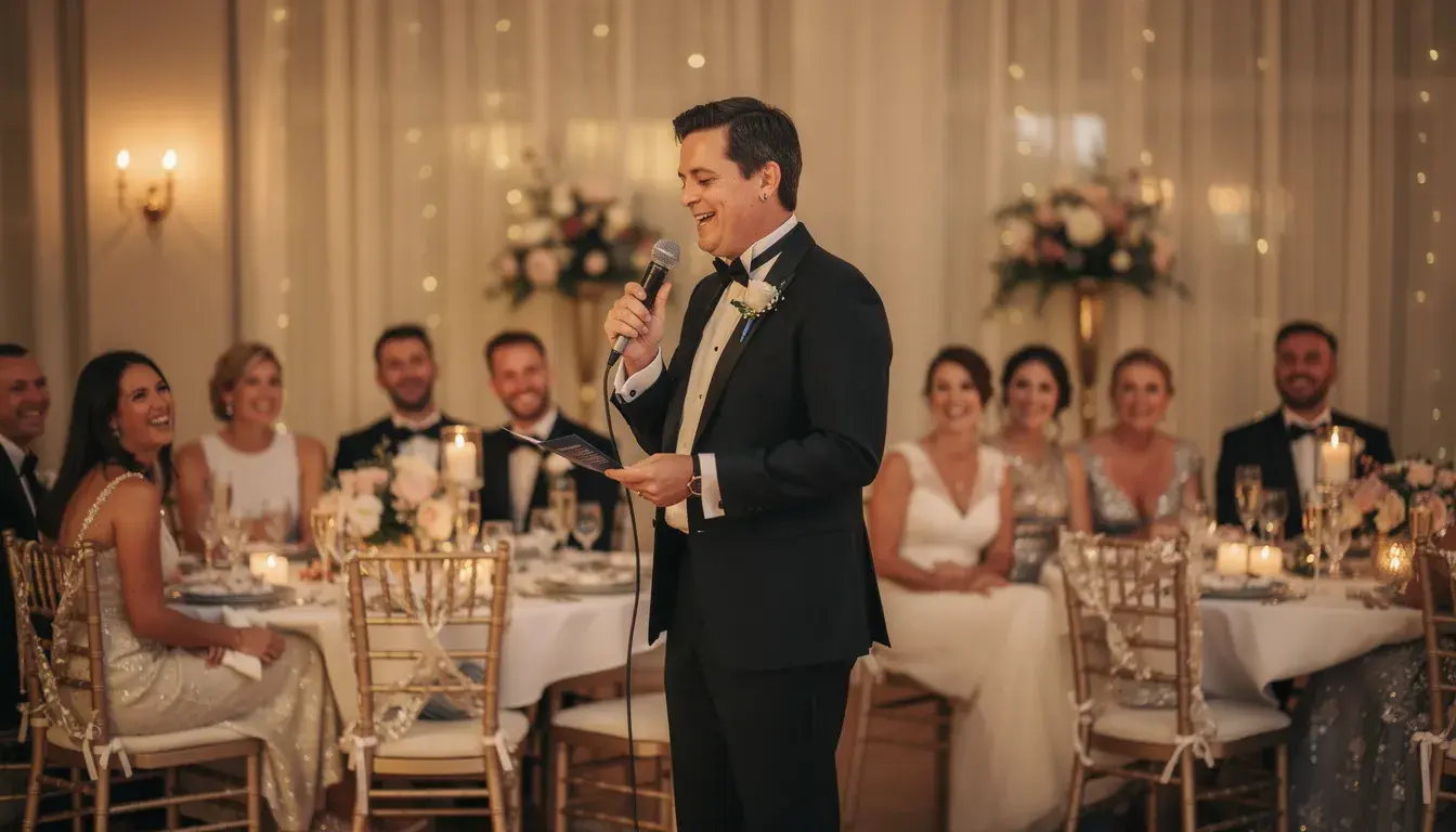 Une personne se tient devant des invités de mariage souriants, prononçant un discours rempli d'émotion et d'humour