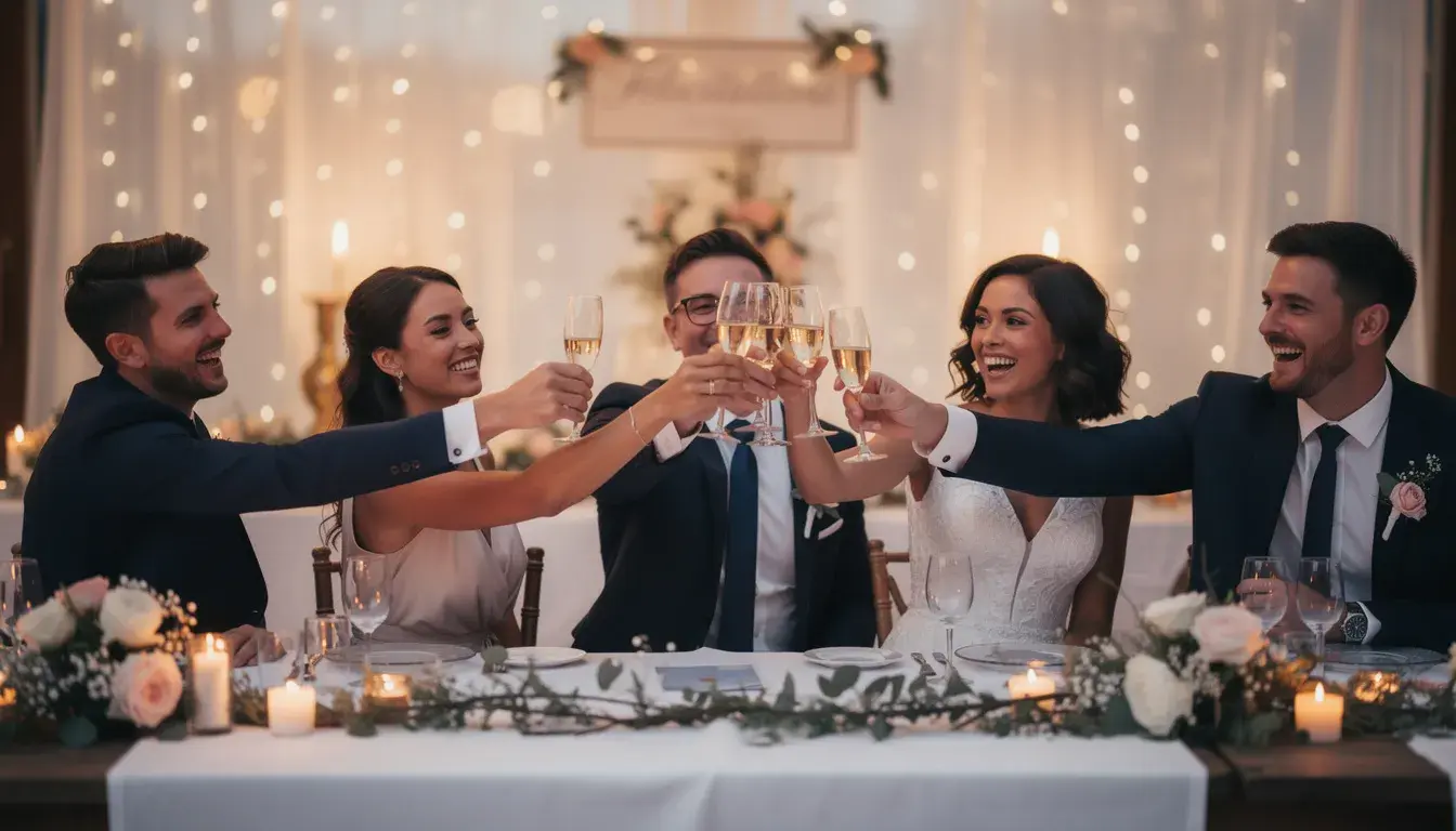 Un groupe d'amis, souriants et joyeux, lève ses verres pour un toast lors d'un mariage, célébrant l'amour et l'union des jeunes mariés