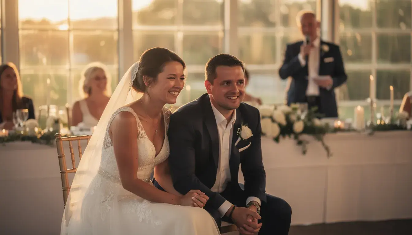 Un couple de mariés émus écoute attentivement un discours lors de leur mariage
